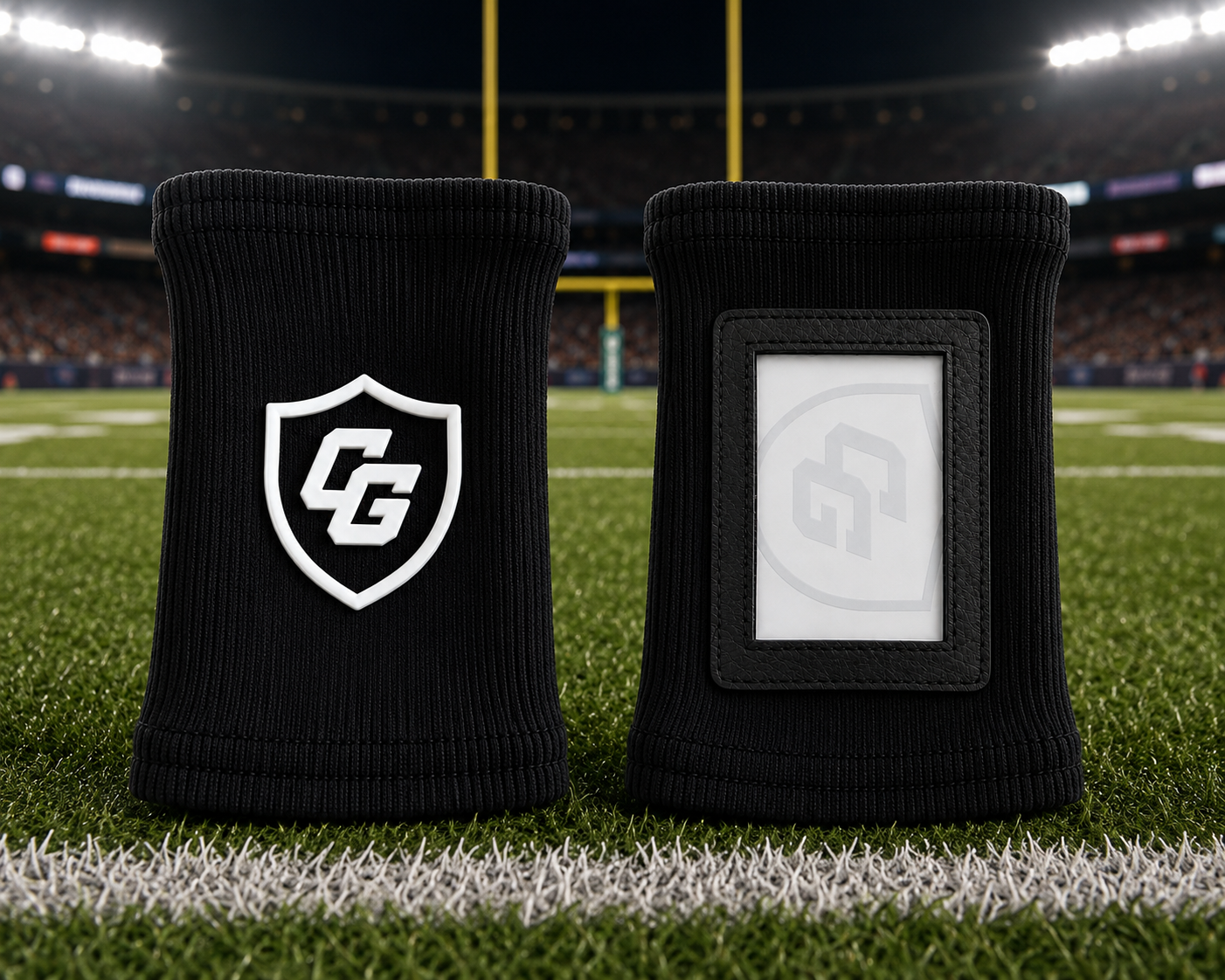 Black Clutch Guard wristbands on a football field