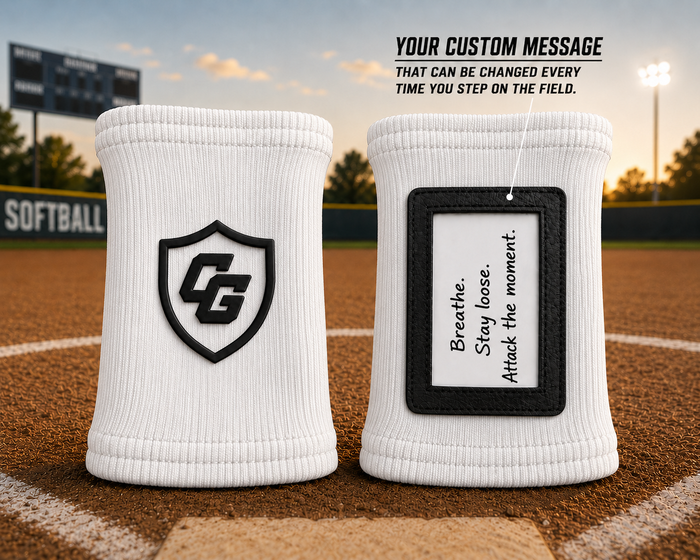 White Clutch Guard wristbands on a softball field with custom message card